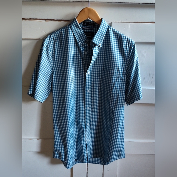 Nordstrom Men's Shop | Blue Checkered Gingham Short Sleeve Button Down | Medium - Picture 1 of 5